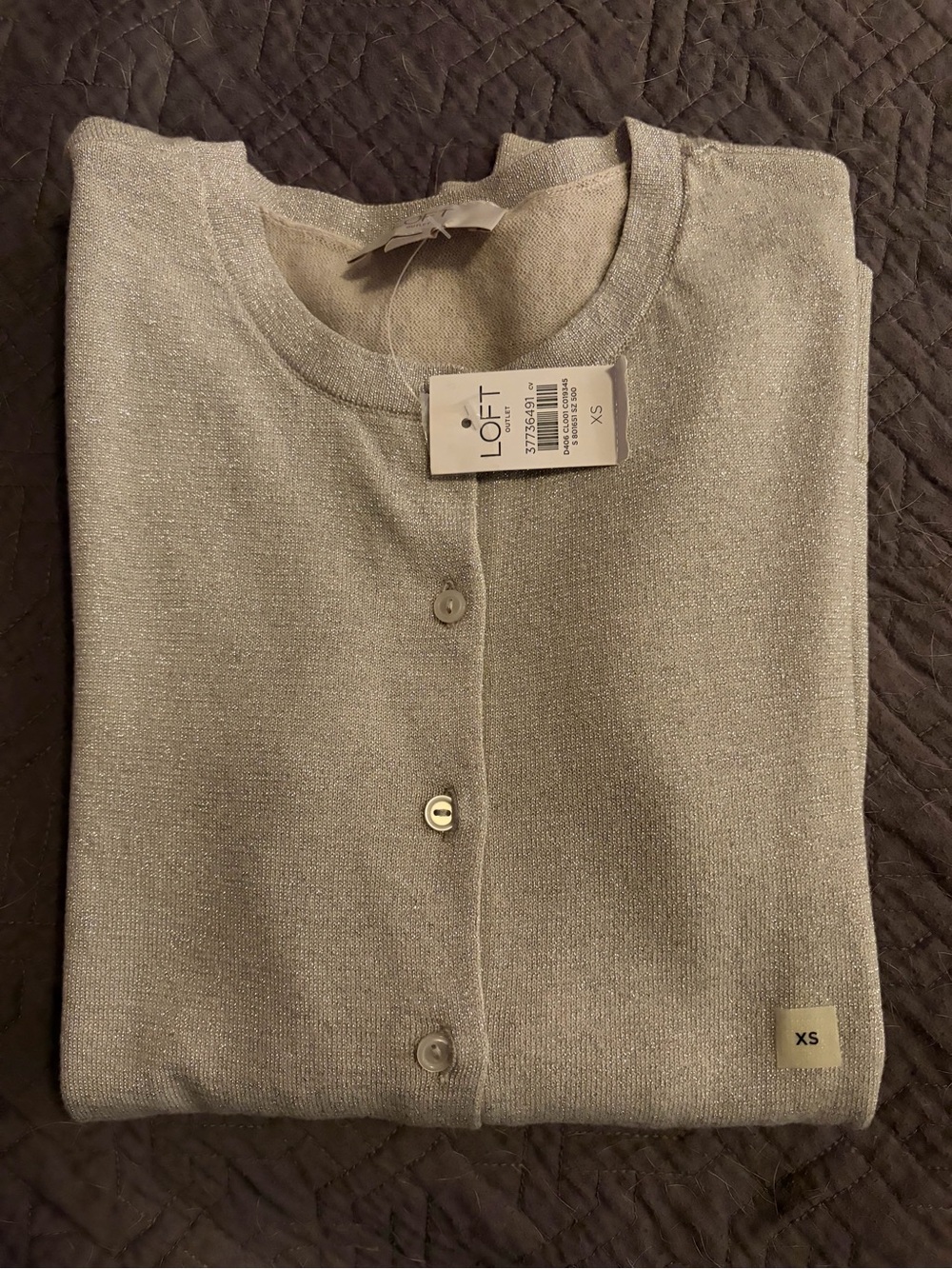 LOFT Silver Metallic Button-Front Crewneck Cardigan